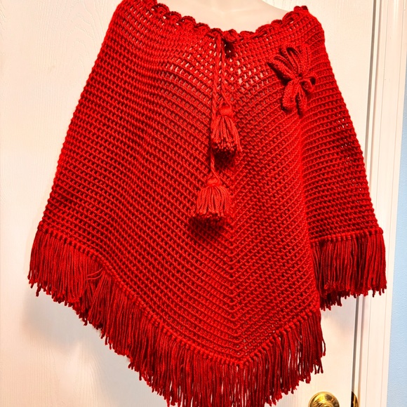 Red Crochet Poncho with Fringe - Picture 4 of 12